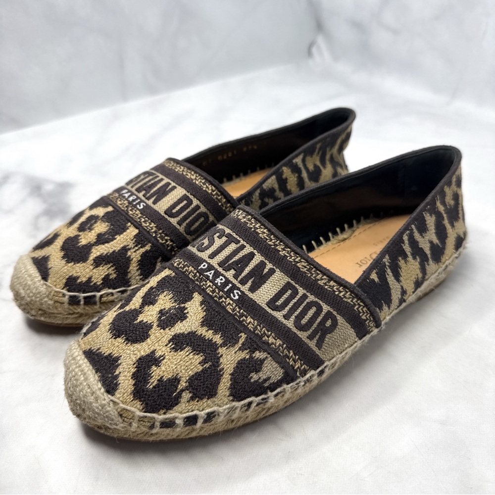 Christian Dior Granville Leopard Jacquard Logo Flat Espadrille Sandal Shoes 37.5